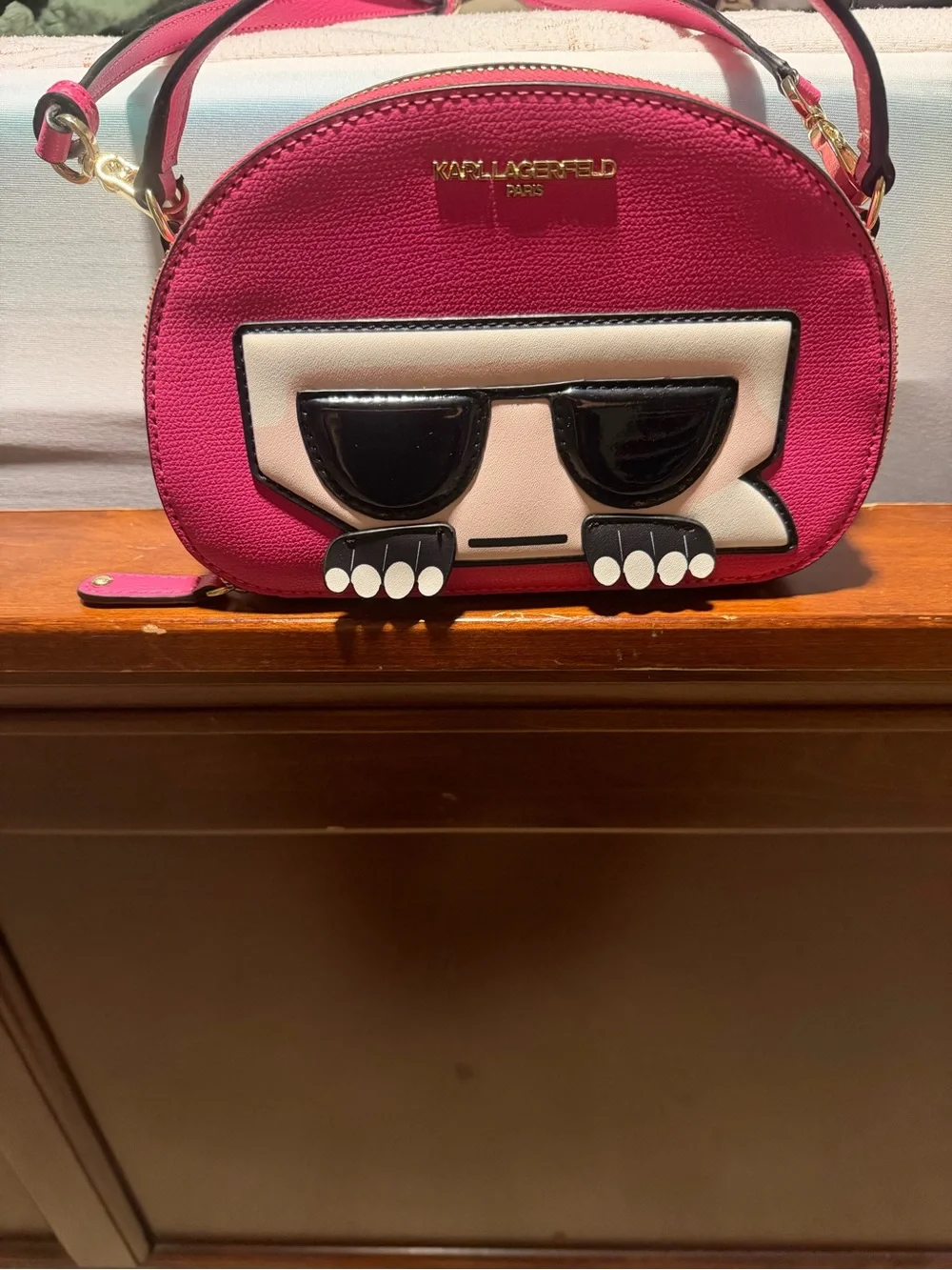 Karl Lagerfeld Pink Leather Crossbody with Signature Face Motif